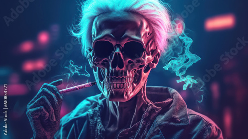 Young trendy skeleton smoking cigarette, neon light. Cyberpunk. AI generation © tashechka