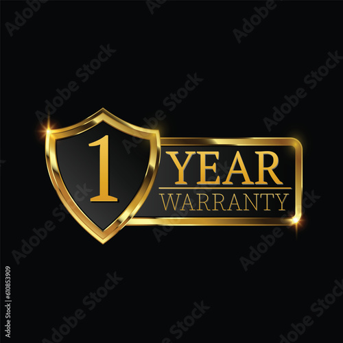 1 year warranty logo with golden shield and golden ribbon.Vector illustration.