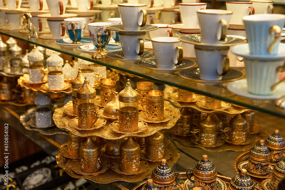 Lots of traditional Turkish coffee cups at the bazaar. Eastern culture.