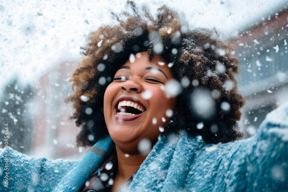 Young afro american woman enjoying winter snowflakes in a joyful outdoor moment. Generative AI