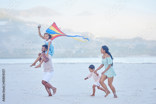 Kite, beach or parents playing with happy kids on fun holiday vacation together with happiness in summer. Smile, children siblings or mom with girl or boy on family time with father at sea in Mexico