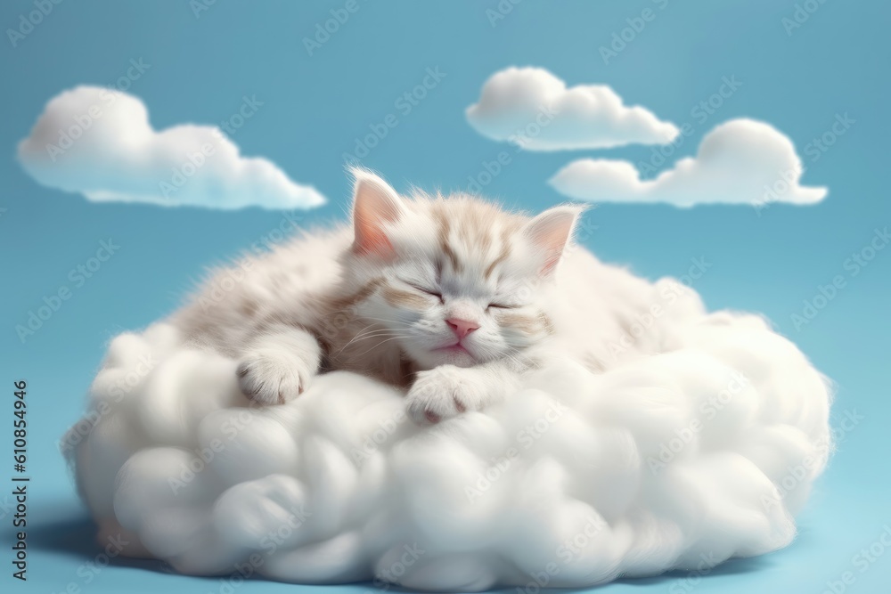 A cute little baby cat sleeps on a cloud. Generative AI
