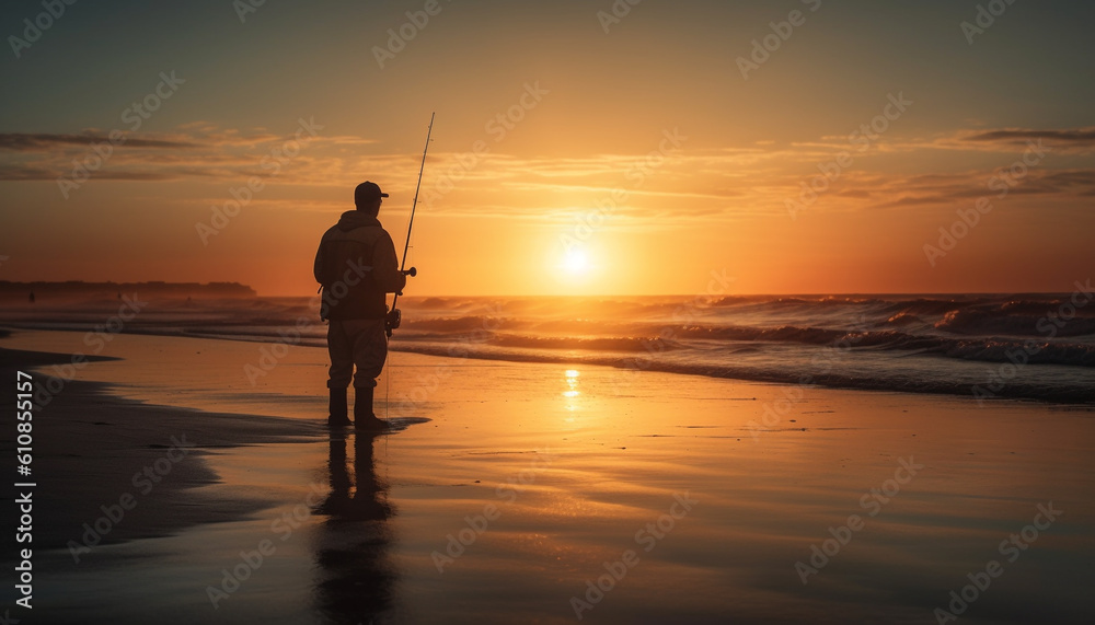 Fototapeta premium Silhouette of fisherman back lit by sunset generated by AI