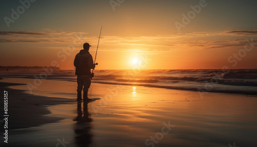 Silhouette of fisherman back lit by sunset generated by AI