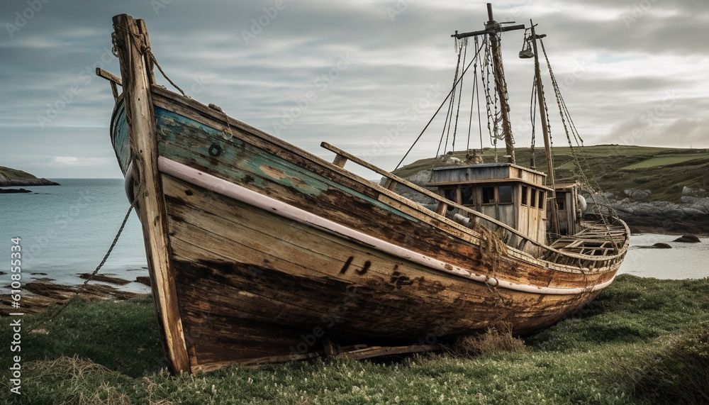 Abandoned fishing boat rests on tranquil coastline generated by AI Abandoned fishing boat rests on tranquil coastline generated by AI