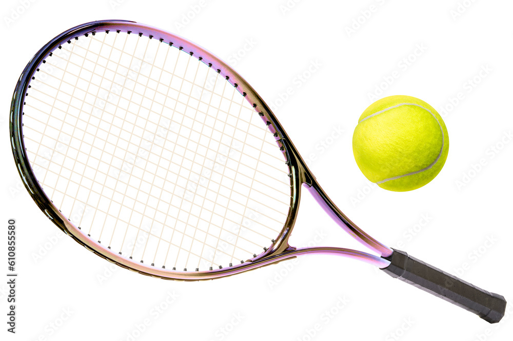 Sport equipment ,RainbowTennis racket and Yellow Tennis ball sports equipment isolated On White background With work path.