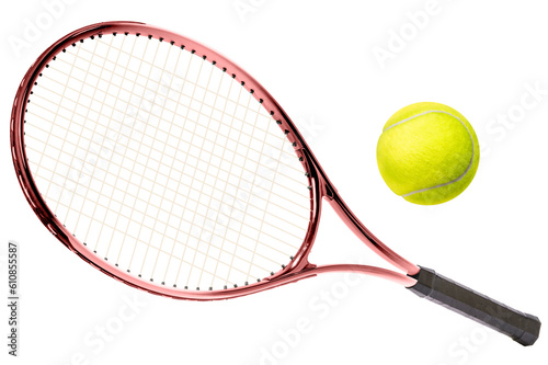 Sport equipment ,Red Tennis racket and Yellow Tennis ball sports equipment isolated On White background With work path. © Juraiwan