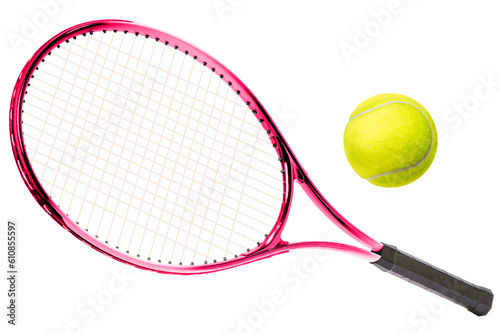 Sport equipment ,Pink Tennis racket and Yellow Tennis ball sports equipment isolated On White background With work path. © Juraiwan