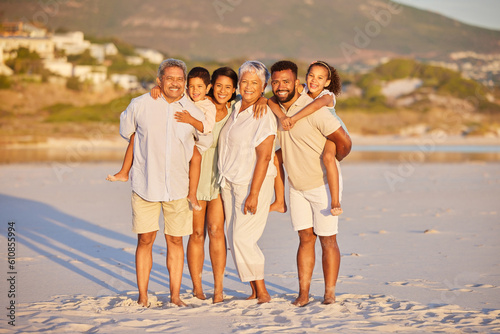 Happy family  grandparents or portrait of kids at beach to relax on holiday vacation together in Mexico. Dad  mom or children siblings love bonding or smiling with grandmother or grandfather at sea