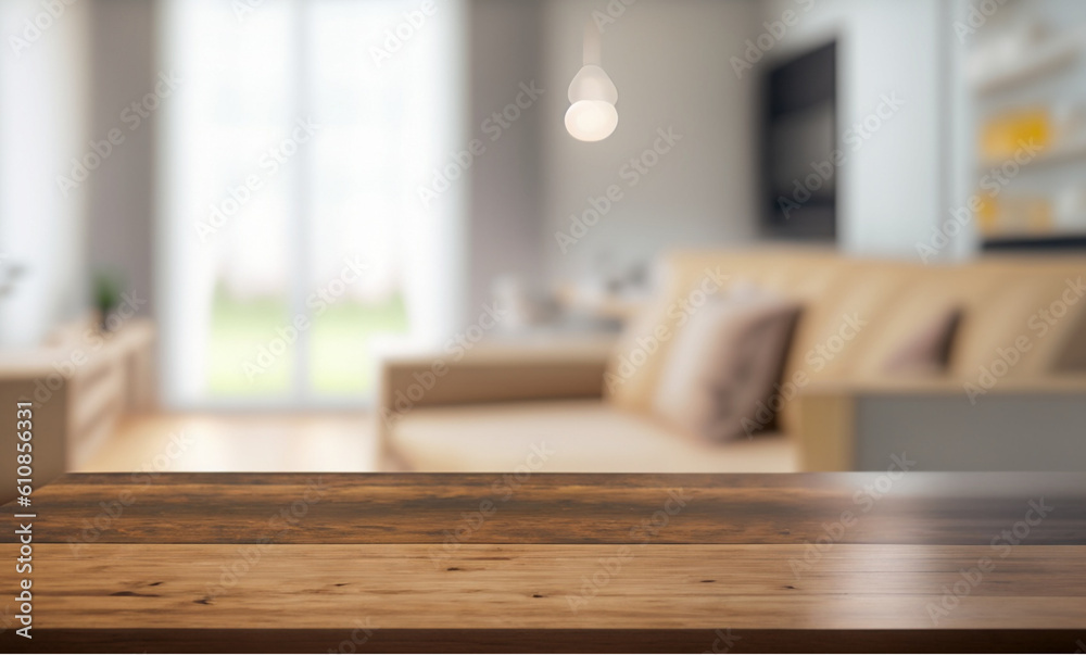Empty wooden tabletop with blurred living room background wallpaper, Wood table with blurred modern apartment interior background,wallpaper design, colours design, Ai Generate 