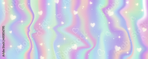 Hologram texture background with stars and sparkles. Iridescent striped gradient. Neon rainbow pastel foil. Unicorn pearl wallpaper. Vector
