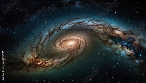 Glowing star trail in spiral galaxy deep space generated by AI