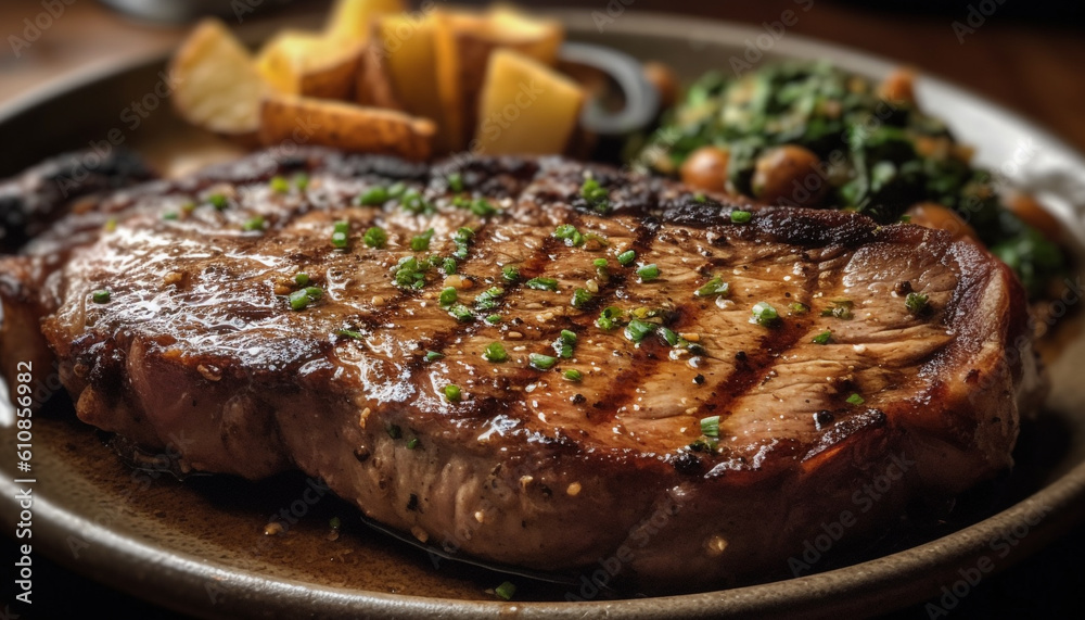 Juicy grilled steak, cooked to perfection generated by AI Juicy grilled steak, cooked to perfection generated by AI