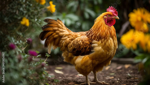 Rooster stands proud in green meadow, crowing generated by AI