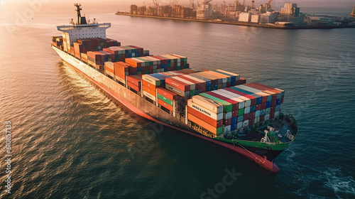 Aerial top view Container carrier ship and business logistic commercial intermodal freight transport in Cargo ship of international travel sea, Generative AI