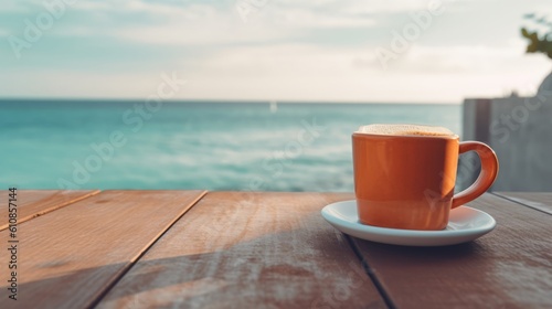 A mug with coffee on a table on a tropical island against the backdrop of ocean waves. Generative AI.