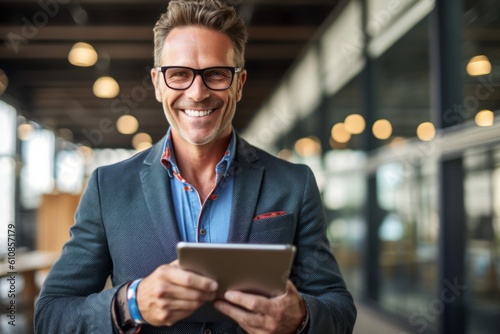 Happy middle aged business man ceo wearing suit standing in office using digital tablet. Smiling mature businessman professional executive manager looking away. Generative AI.