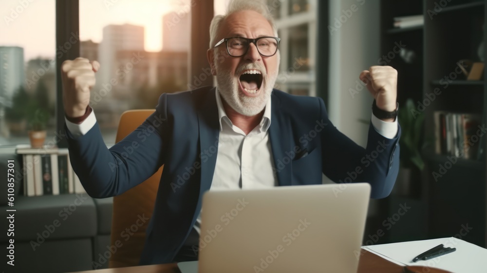 Success Celebration: Happy Mature Businessman Rejoicing Achievements in Office. Generative AI.