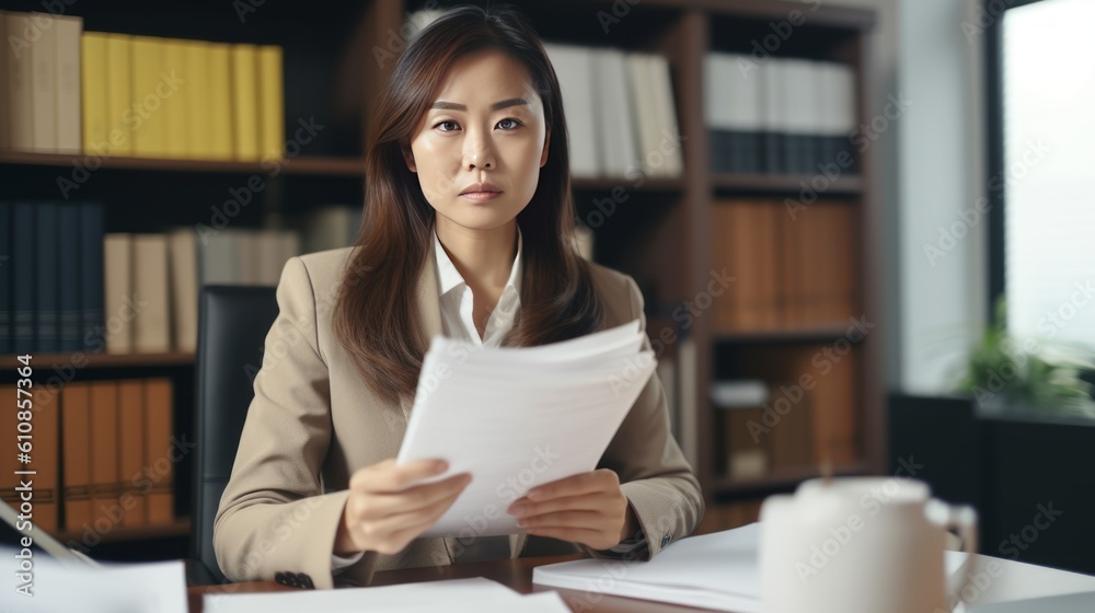 Serious busy mid aged professional asian business woman lawyer or financial law expert wearing suit holding corporate documents sitting at desk in office managing risks feeling doubt. Generative AI. Serious busy mid aged professional asian business woman lawyer or financial law expert wearing suit holding corporate documents sitting at desk in office managing risks feeling doubt. Generative AI.