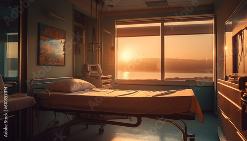 Comfortable bed in modern hospital room illuminated generated by AI