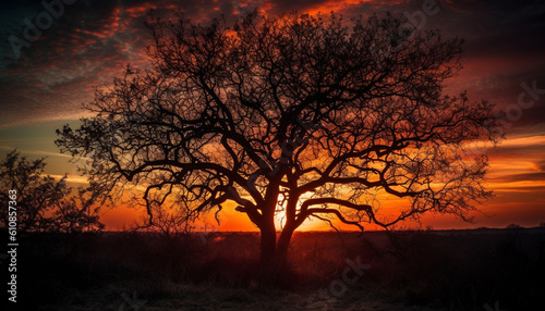 Silhouette of acacia tree back lit by sunrise generated by AI