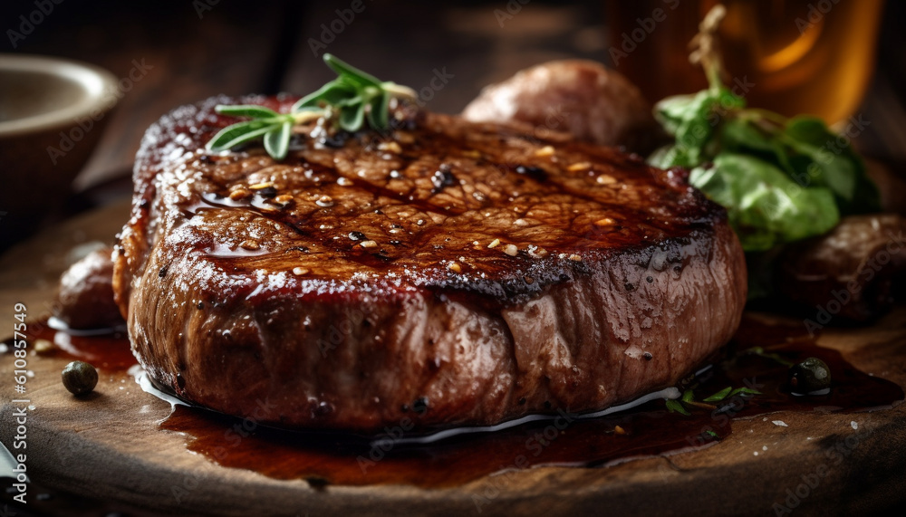 Juicy grilled sirloin steak on rustic wood plate generated by AI Juicy grilled sirloin steak on rustic wood plate generated by AI
