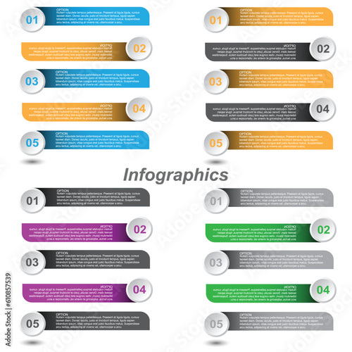 Collection infographics with steps and options, banner for business design and website template.