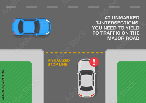 Safe driving tips and traffic regulation rules. At unmarked T-intersections you need to yield to traffic on the major road. Top view. Flat vector illustration template.