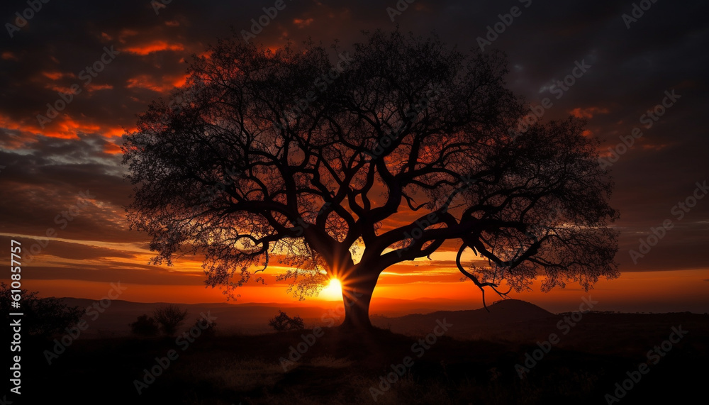 Silhouette of tree back lit by sunrise generated by AI Silhouette of tree back lit by sunrise generated by AI