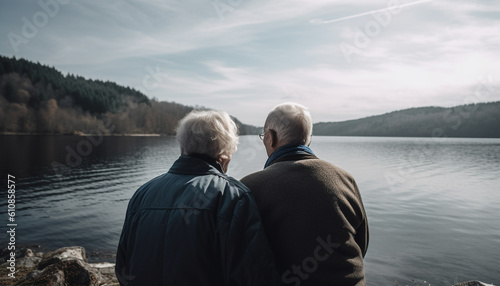 Senior couple embraces love in tranquil mountain landscape generated by AI