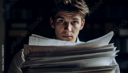 Stressed businessman reading paperwork, surrounded by documents generated by AI