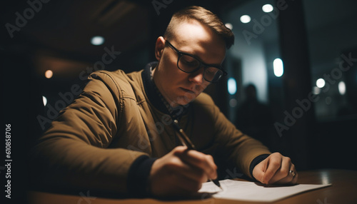 Serious businessman working late, holding pen with concentration generated by AI