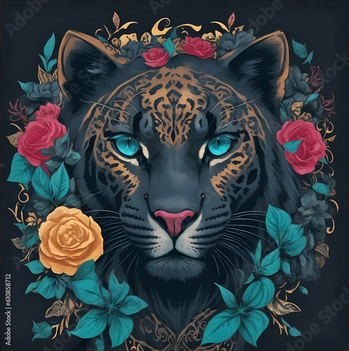 Portrait of a black panther surrounded by flowers in dark background, created with Generative AI.