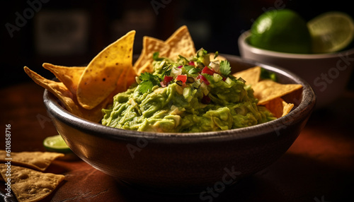 Fresh guacamole dip with crunchy tortilla chips generated by AI