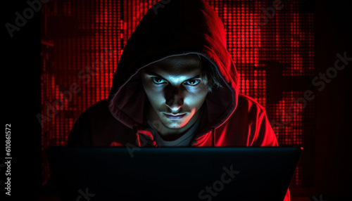 Hooded thief typing spooky code on laptop generated by AI
