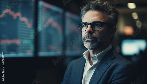Confident businessman in suit with eyeglasses indoors generated by AI