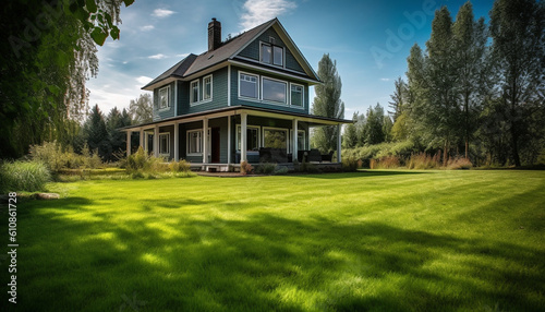 Modern luxury home nestled in lush green landscape generated by AI