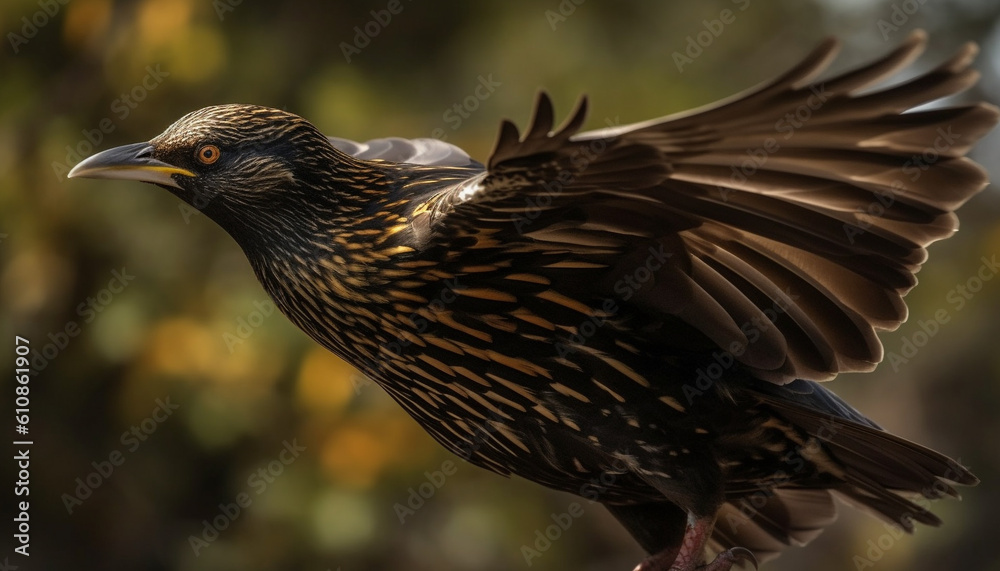 Fototapeta premium Hawk perching on branch, spread wings, freedom generated by AI
