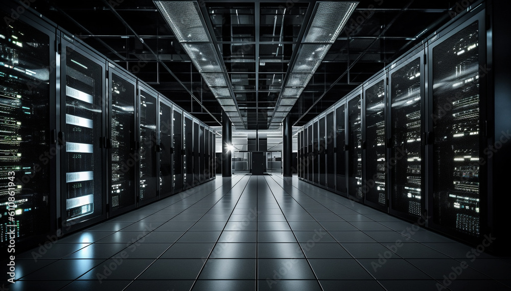 Futuristic computer lab with network servers in order generated by AI