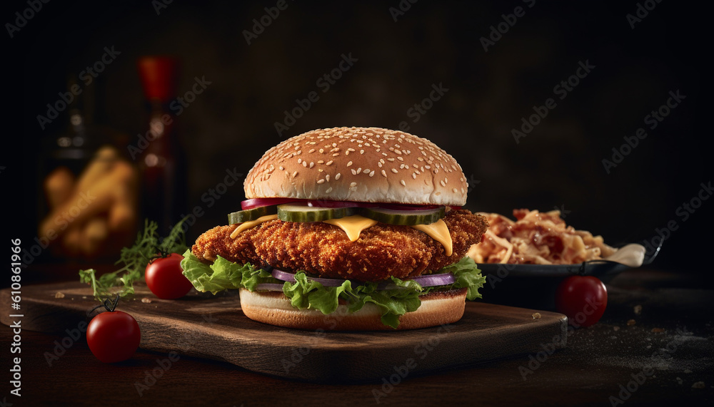 Grilled gourmet cheeseburger on rustic wooden table generated by AI Grilled gourmet cheeseburger on rustic wooden table generated by AI