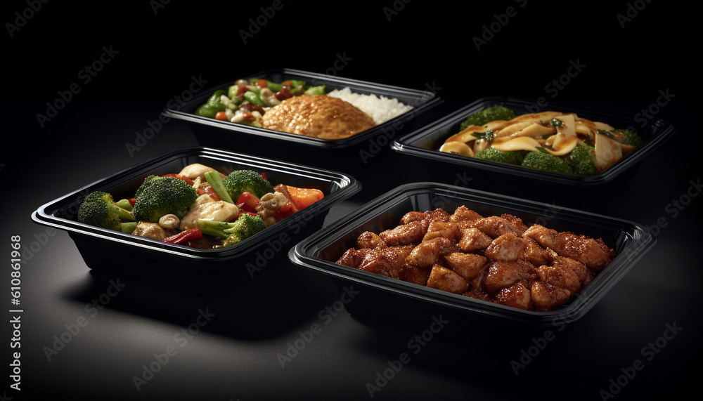 Grilled pork and vegetable plate with salad generated by AI Grilled pork and vegetable plate with salad generated by AI