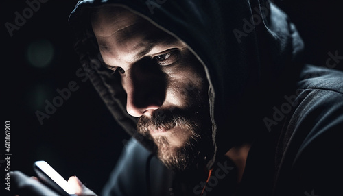 Hooded man in dark clothing looks serious generated by AI