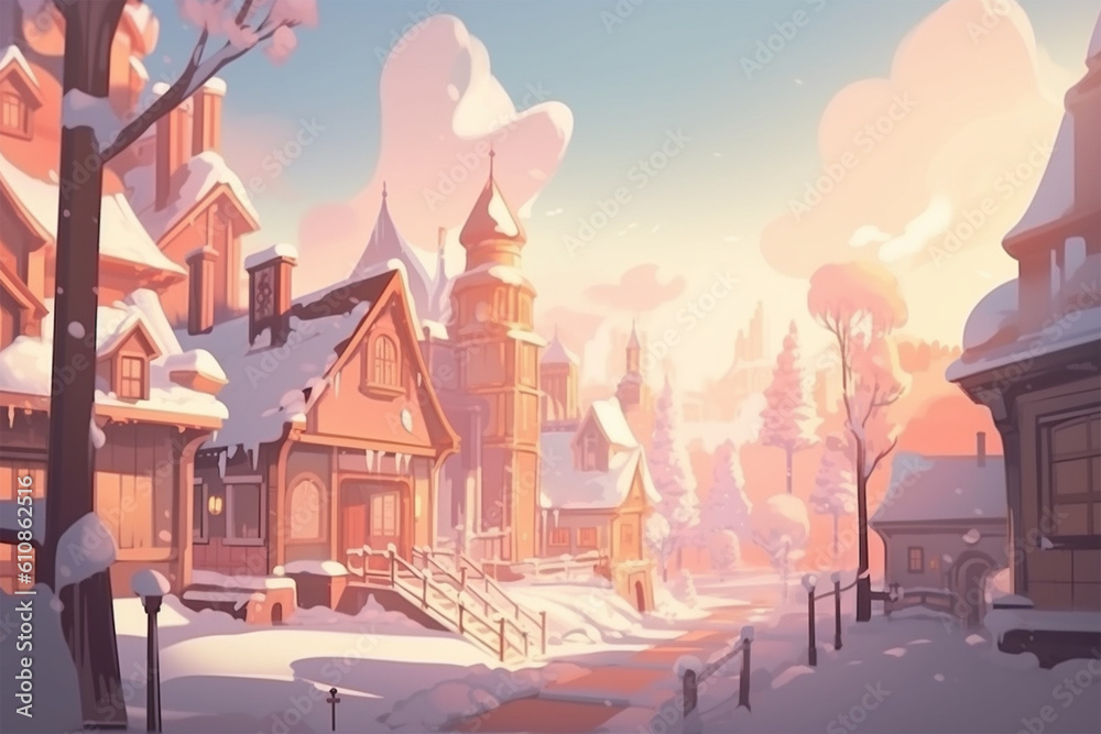 Generative AI.
illustration background of a snowy village