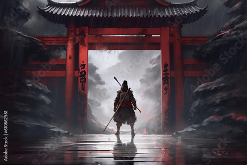 Generative AI. illustration background of a samurai in front of japan gate