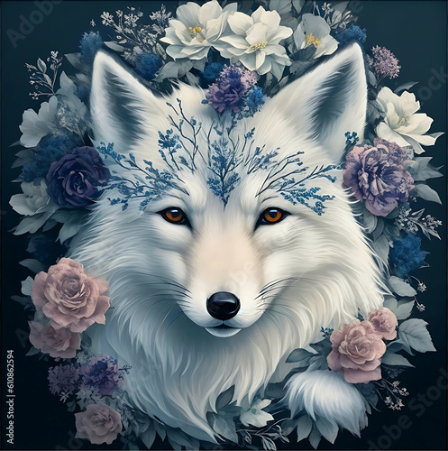Wallpaper Mural Portrait of a white arctic fox surrounded by flowers in dark background, created with Generative AI. Torontodigital.ca