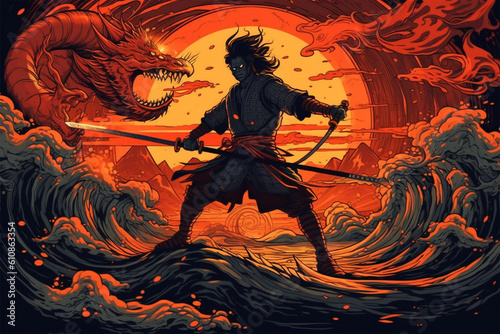 Generative AI. illustration background of a samurai demon with a katana
