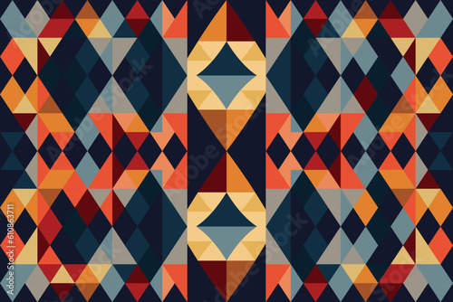 A seamless pattern vector illustration of a Persian rug design with modern geometric shapes can be printed as a background image or used for textile or fabric patterns.