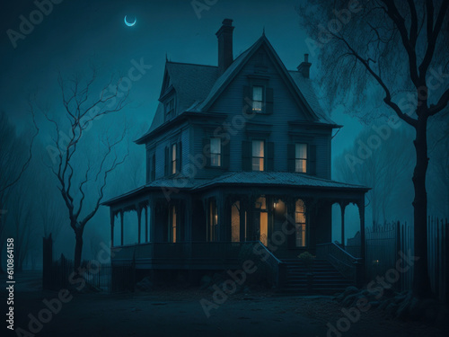 Black Old creepy house at foggy night. Halloween background. AI generated