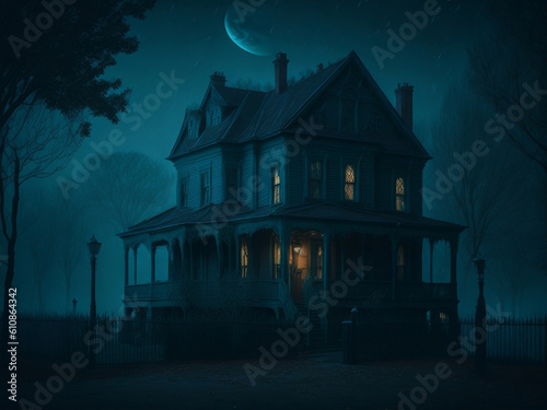Black Old creepy house at foggy night. Halloween background. AI generated