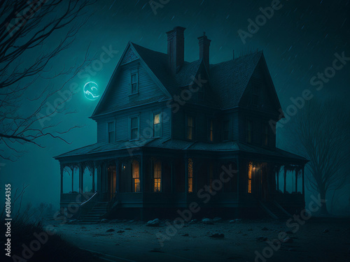 Black Old creepy house at foggy night. Halloween background. AI generated © Mystery